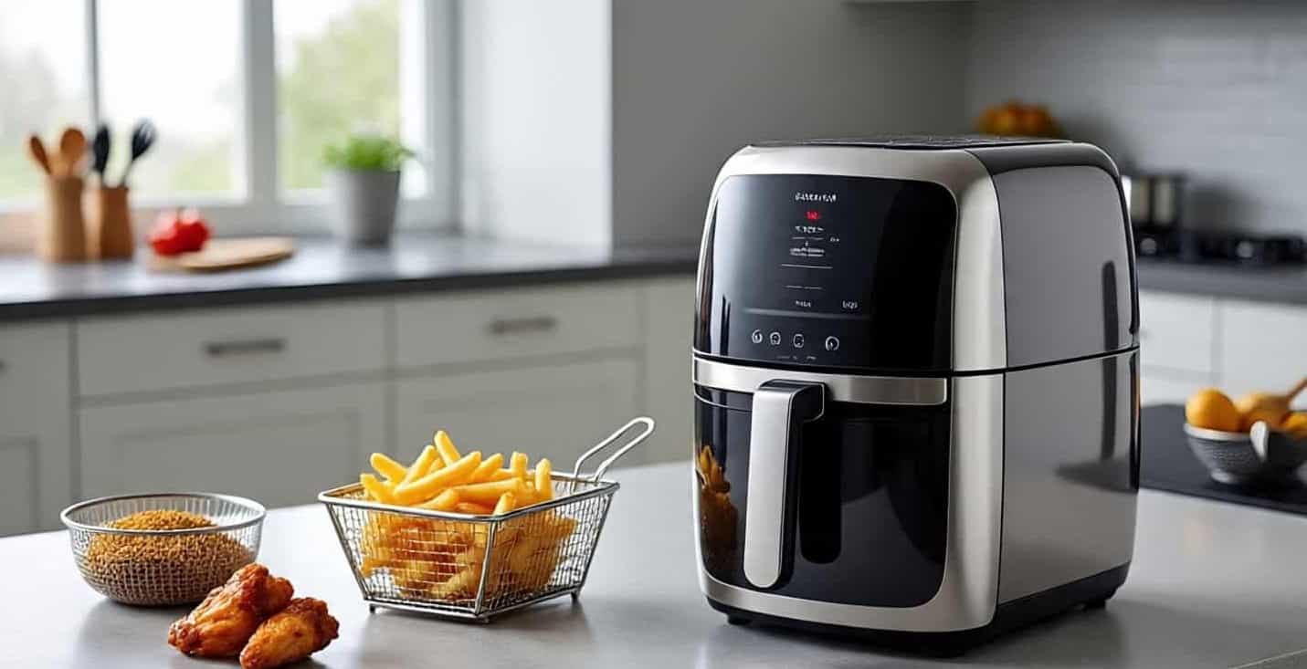 A countertop air fryer with freshly cooked fries and vegetables, showing a beginner-friendly design and healthy cooking features.
